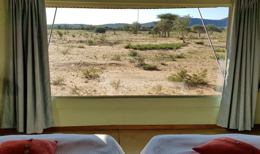 Blick vom Bett der Okonjima Lodge in das Reservat